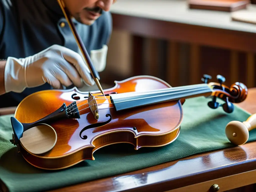 Un luthier restaura con cuidado un violín centenario, resaltando la precisión y dedicación en la restauración de instrumentos históricos