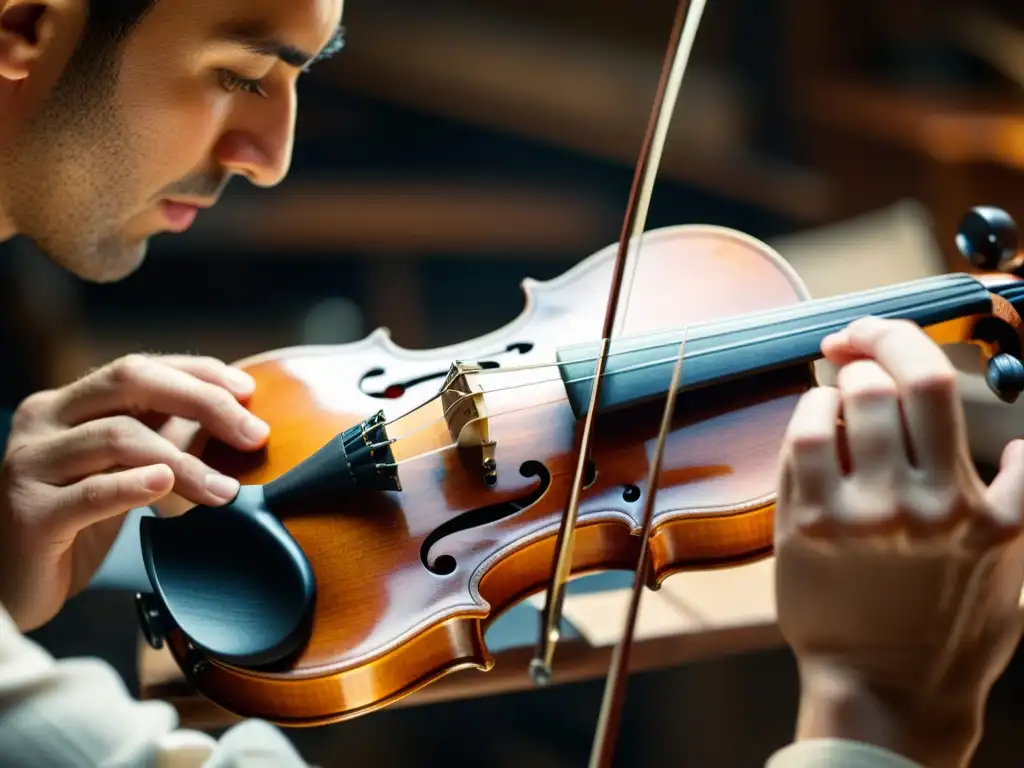 Un luthier restaura con cuidado un violín vintage en su taller, preservación de sonido en instrumentos musicales