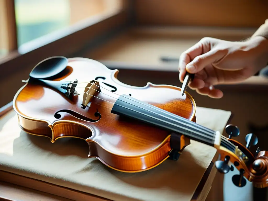 Un luthier restaura con cuidado un violín vintage en un taller iluminado por el sol, destacando la artesanía y la conservación del instrumento musical