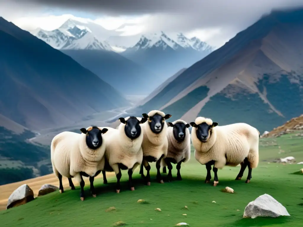 Damaru tibetano en dramática situación, hacinados en un escarpado paisaje montañoso nevado, con los imponentes Himalayas de fondo