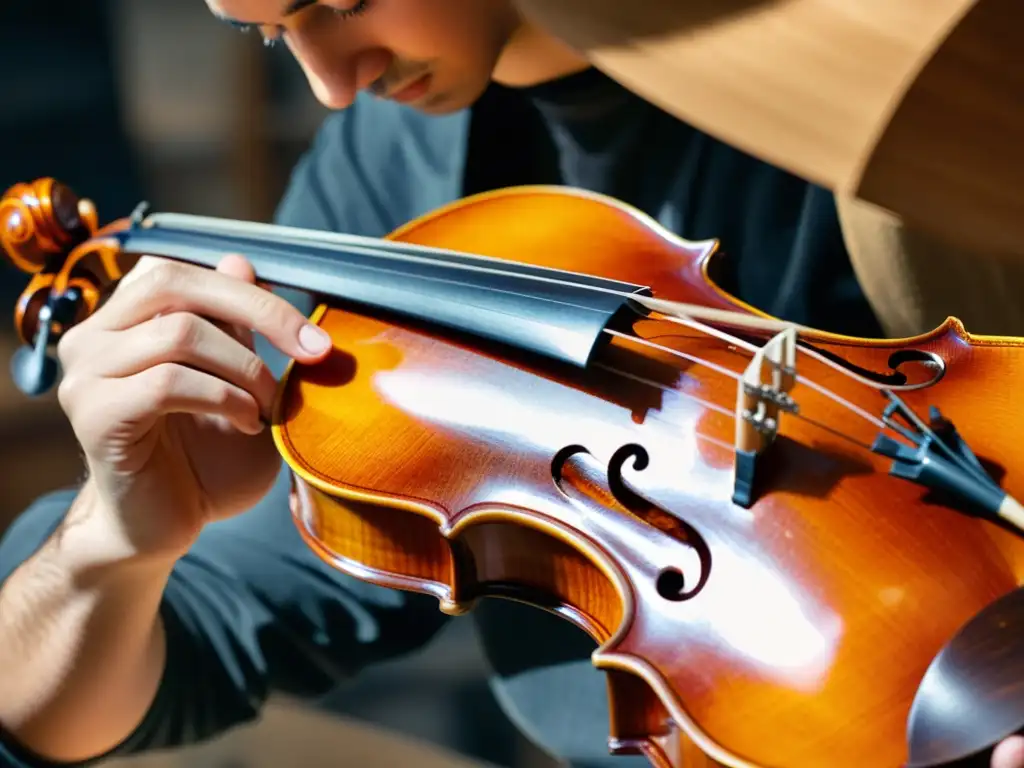 Un luthier aplica con delicadeza el barniz a un violín recién construido, realzando el efecto del barniz en violín con artesanía experta