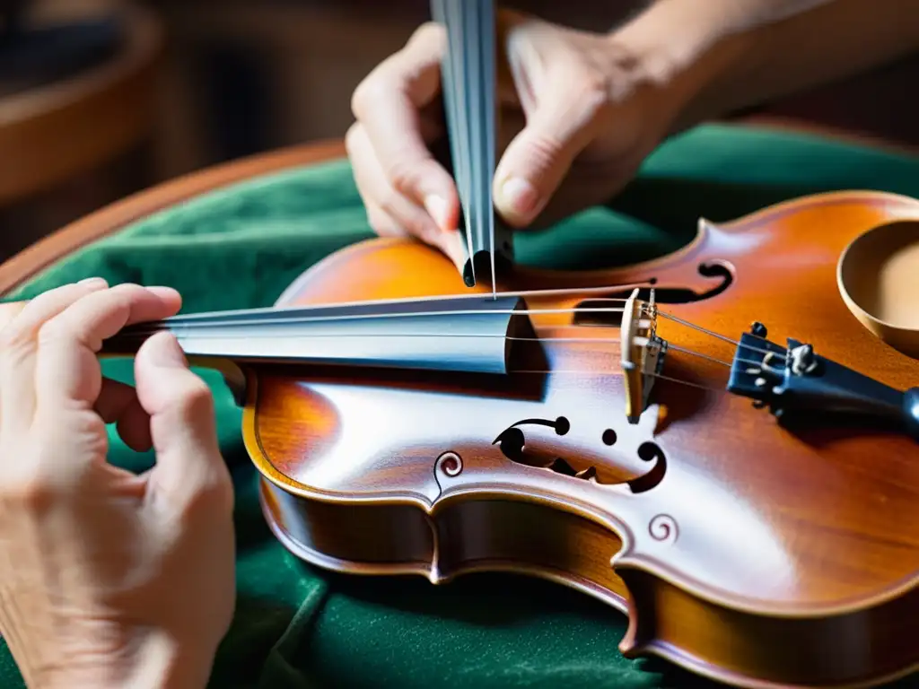 Un luthier hábil restaura con delicadeza un violín antiguo, aplicando barniz y puliendo la madera