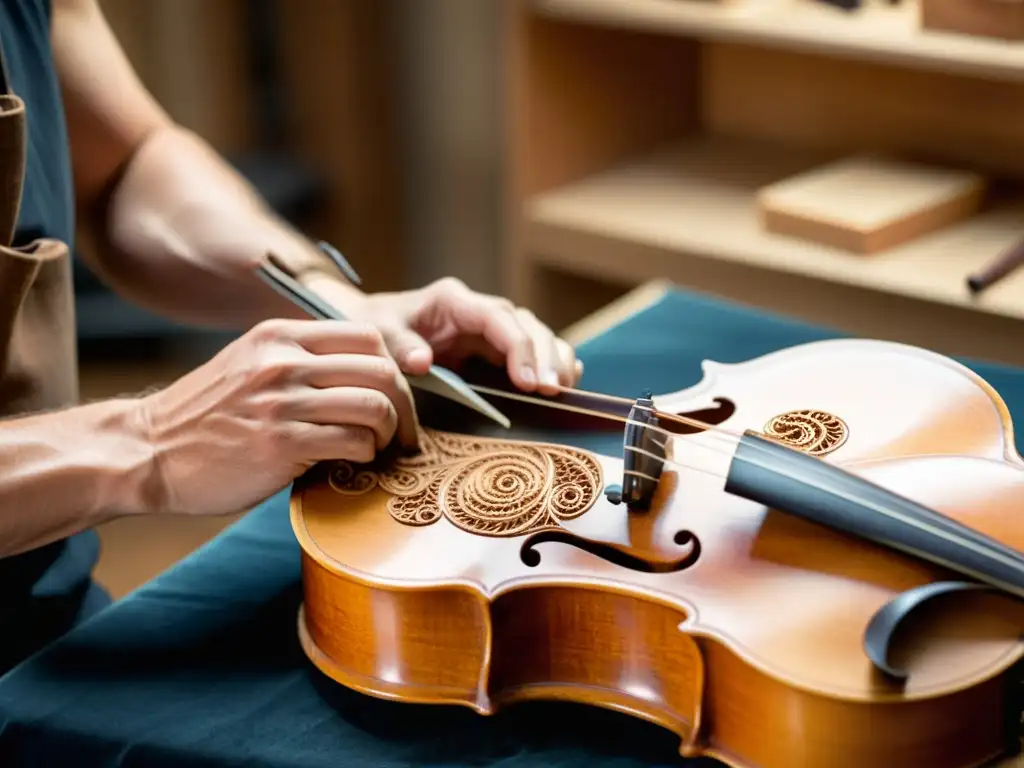 Hábil luthier tallando delicados diseños en un violín