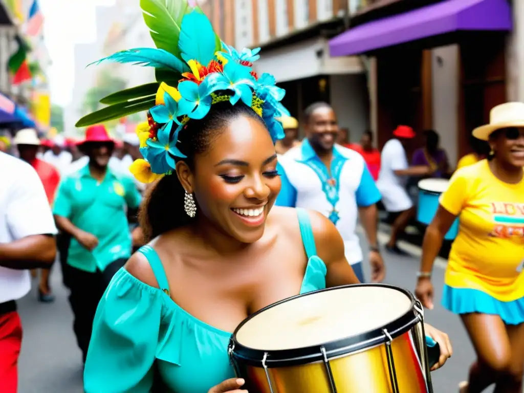 Desfile callejero vibrante en una ciudad bulliciosa, con música caribeña, flotantes coloridos y gente de todas las edades bailando