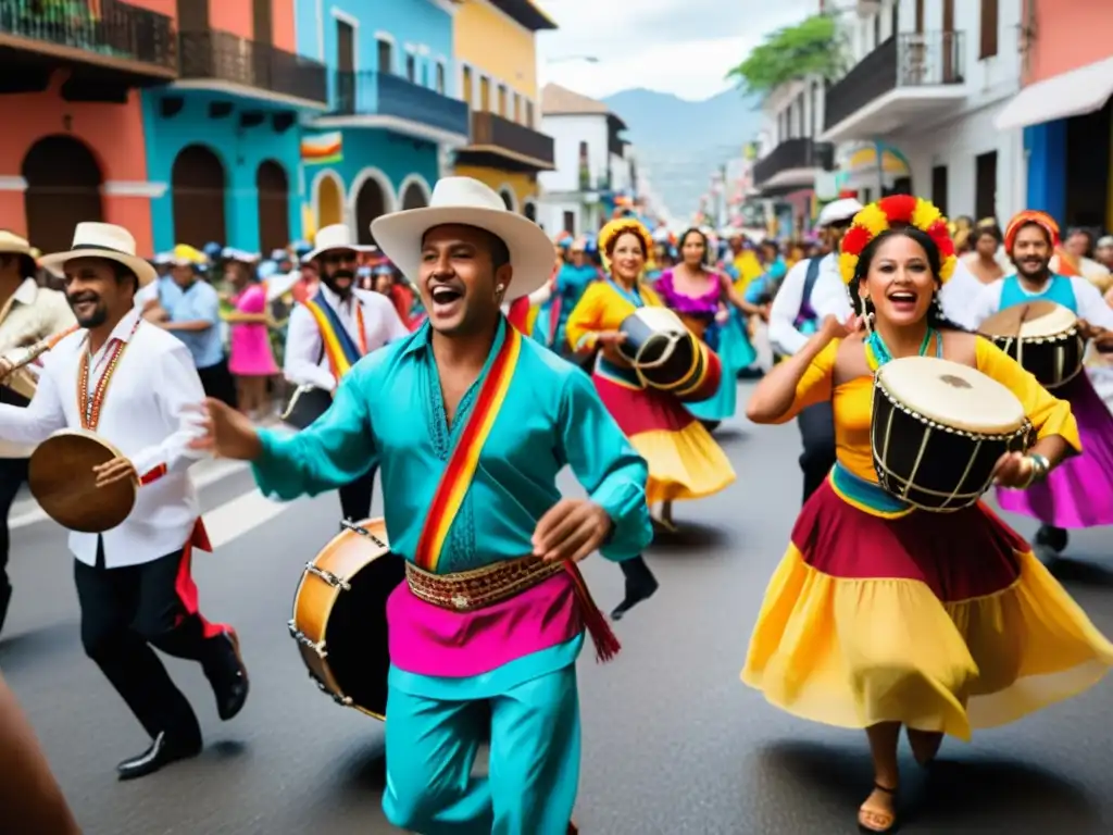 Desfile callejero vibrante con música y baile en una ciudad latinoamericana, celebrando los ritmos clave de la música latina