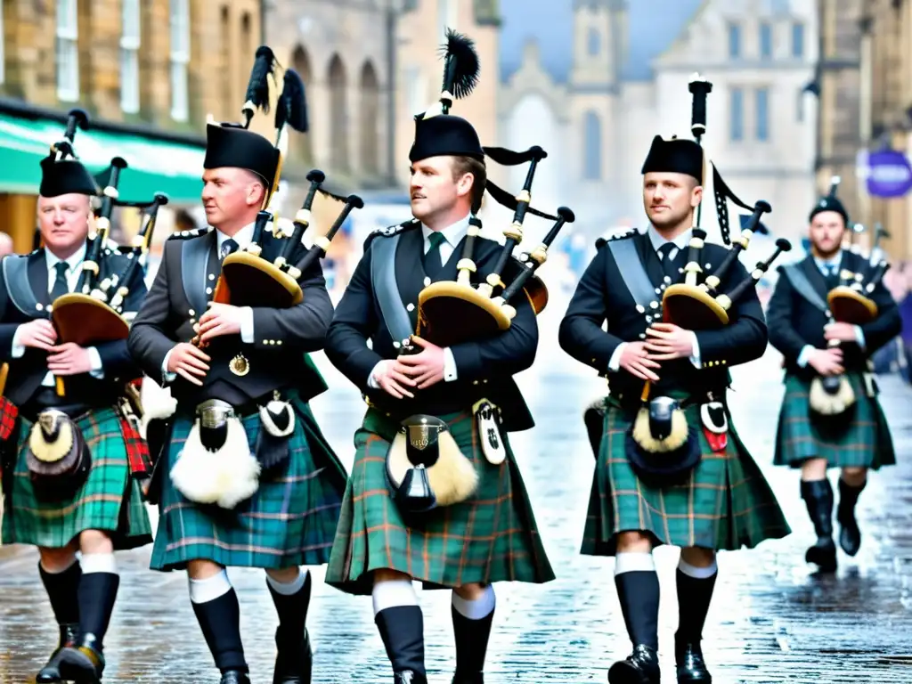 Desfile de gaiteros escoceses en el Festival de la Gaita Escocesa en Glasgow, con kilts y gaitas, celebrando la tradición escocesa