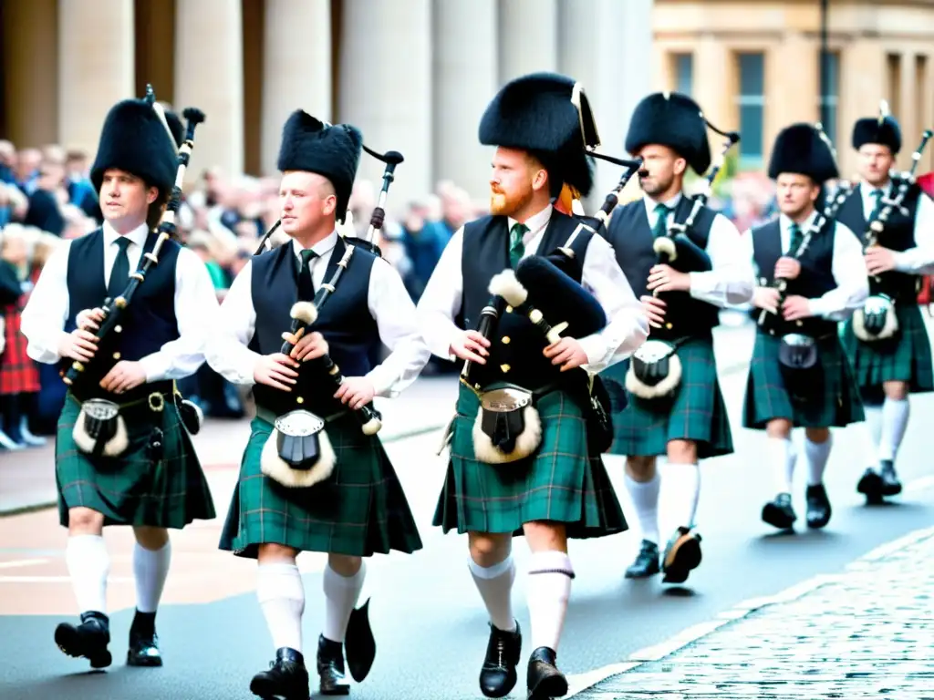 Un desfile de gaiteros escoceses en el Festival de la Gaita Escocesa Glasgow, rodeados de espectadores y la arquitectura histórica de la ciudad