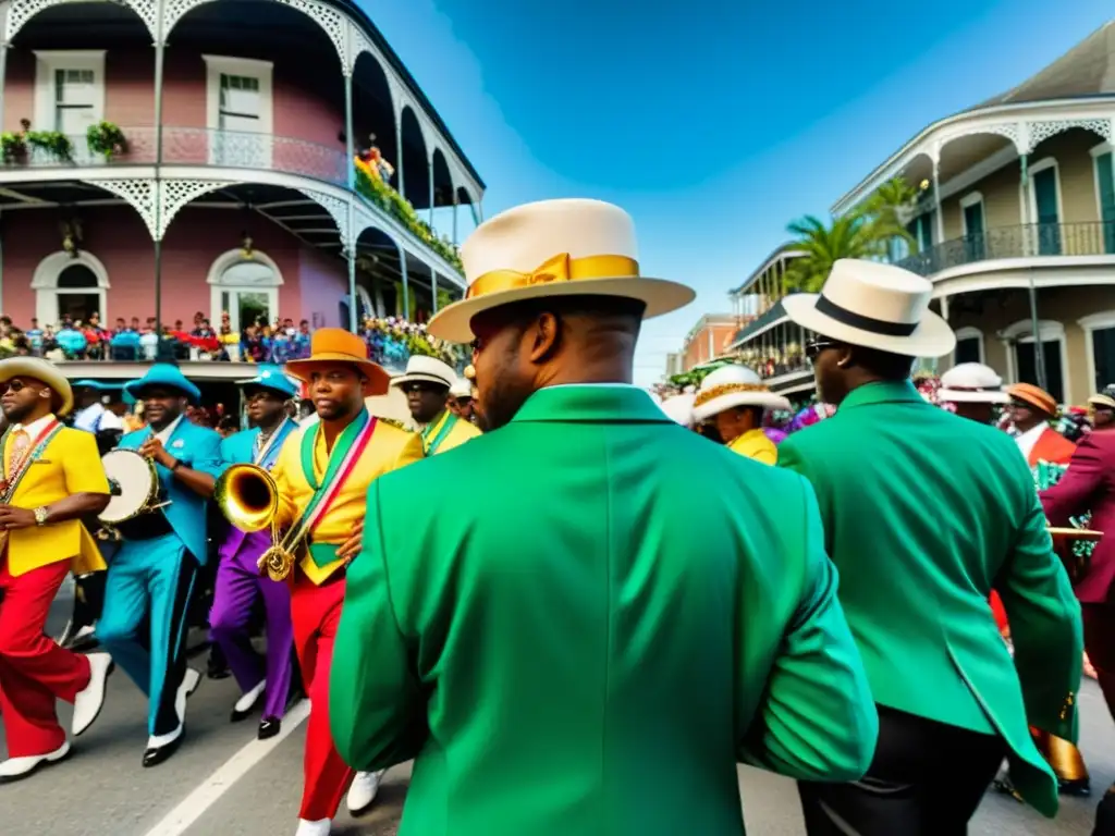 Desfile de Second Line en Nueva Orleans, con coloridos trajes, bailes y energía contagiosa de la música en vivo