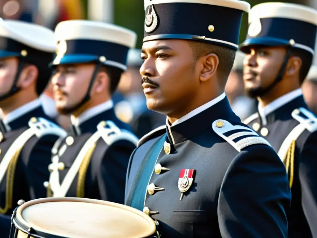 Un desfile militar con músicos uniformados y un tambor mayor liderando la procesión