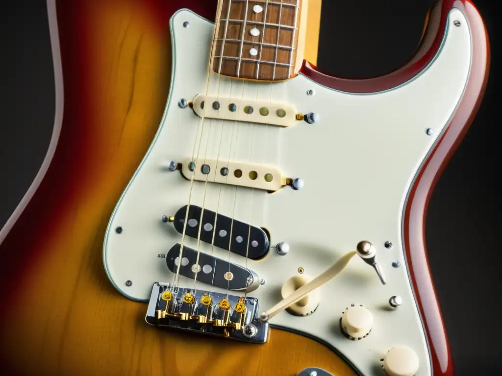 Una Fender Stratocaster vintage desgastada, con detalles intrincados y años de historia