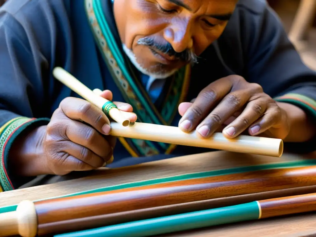 La destreza de un artesano andino tallando una quena tradicional, capturando la esencia de la artesanía y la riqueza cultural