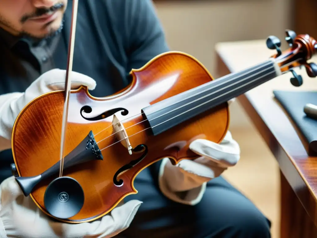 Un luthier aplica con destreza un barniz de nanotecnología a un violín, fusionando tradición y tecnología