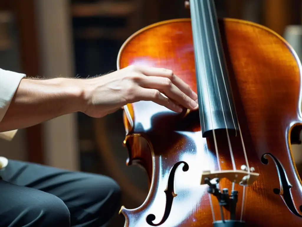 Un luthier aplica con destreza barniz a un violonchelo vintage, resaltando la meticulosa restauración