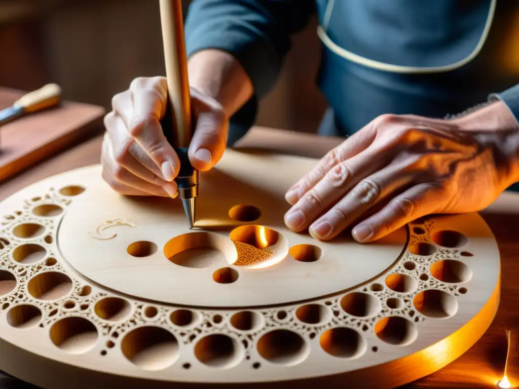 Un luthier esculpe con destreza las F-holes en madera de arce, iluminado por la calidez del taller