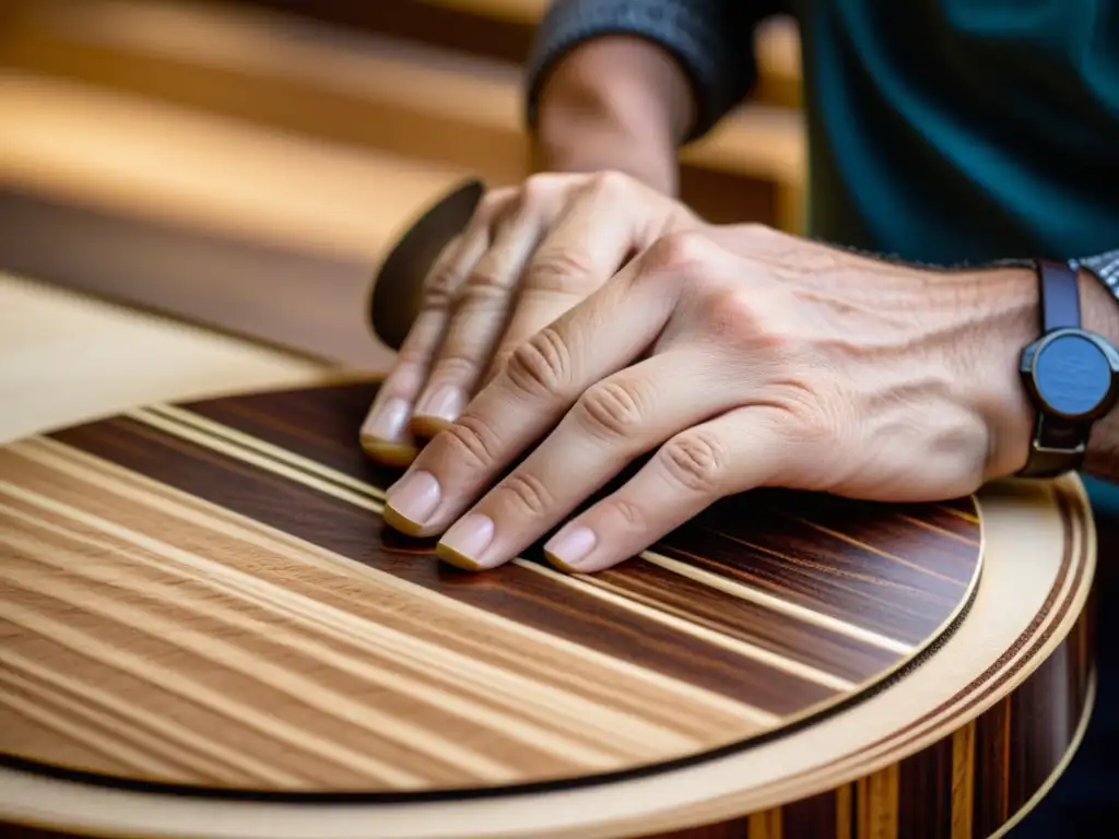 Un luthier examina con destreza la importancia de la veta de la madera para guitarras, destacando su belleza y cualidades únicas