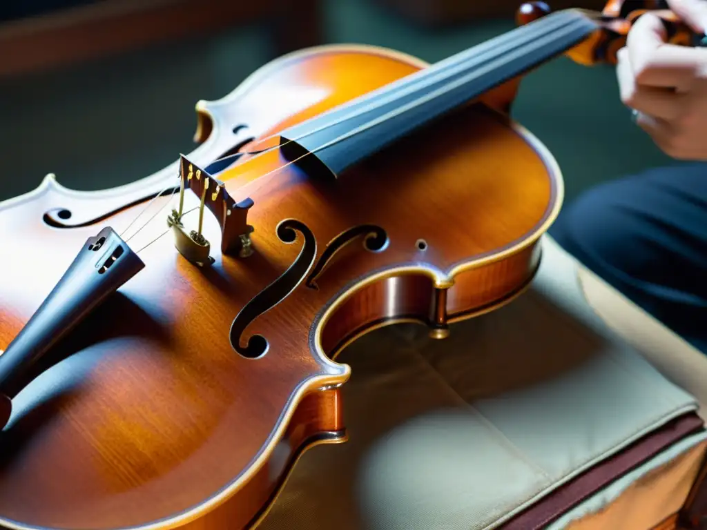 Un luthier restaura con destreza un violín antiguo, preservación de instrumentos musicales antiguos en un taller cálido y acogedor