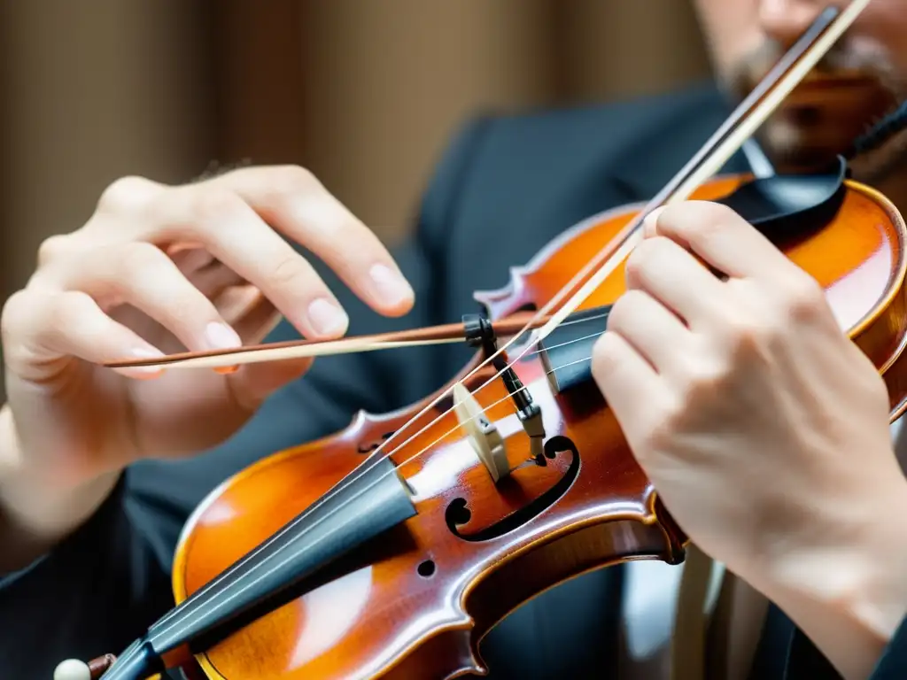 La destreza del violinista se refleja en su mano ejecutando la técnica staccato en el violín, con detalles visibles y enfoque total