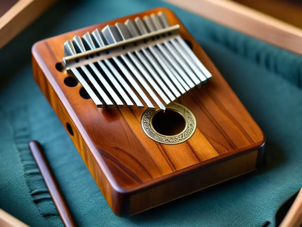 Detallada kalimba africana tallada a mano, resaltando la artesanía y la rica historia musical