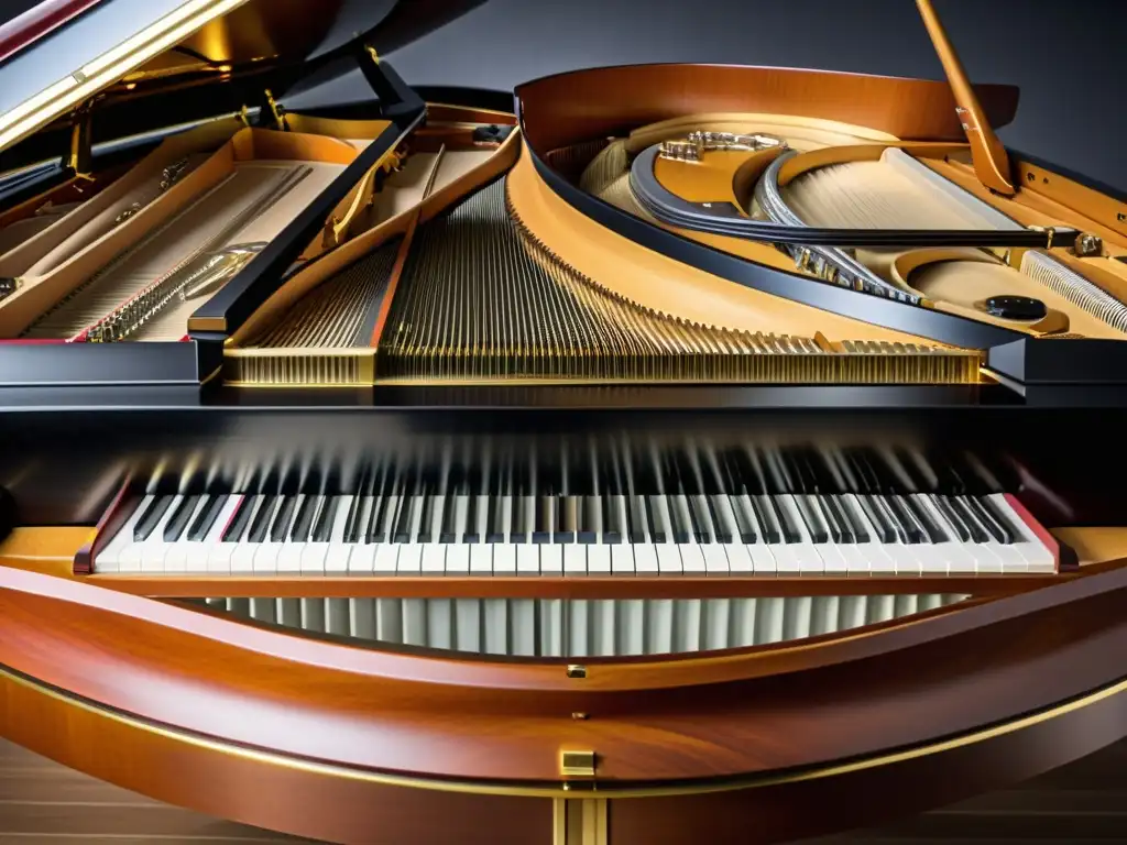 Una fotografía detallada en alta resolución de las complejas entrañas de un piano de cola moderno, resaltando la artesanía y la complejidad del diseño