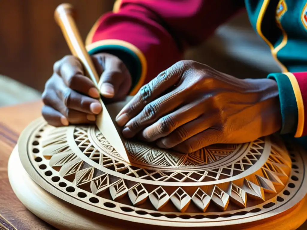 Detallada artesanía andina: manos expertas labran un charango, destacando la historia del charango andino y su significado cultural