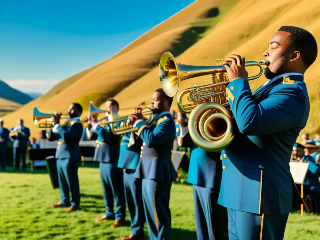 Una fotografía en 8k detallada de una banda de música vintage tocando al aire libre