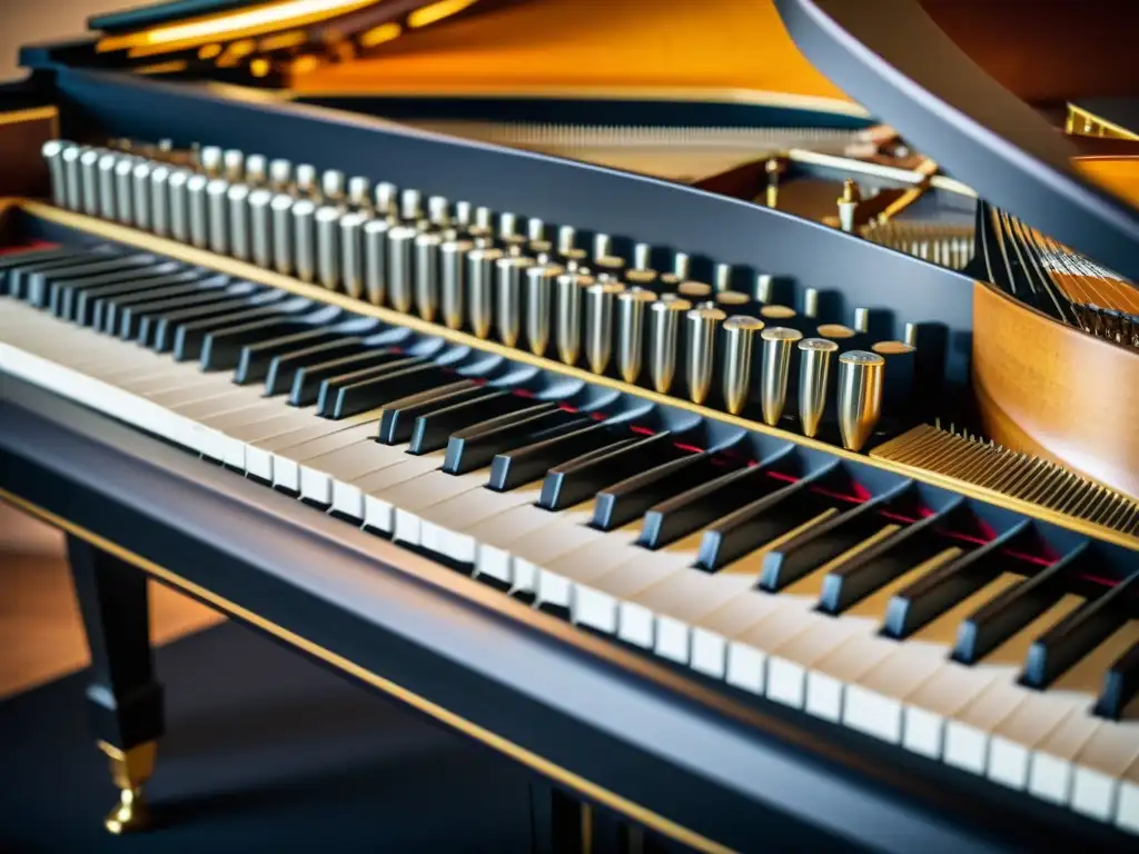 Una fotografía detallada de las complejas piezas internas de un piano de cola, resaltando las innovaciones en diseño que contribuyen a su excepcional calidad de sonido