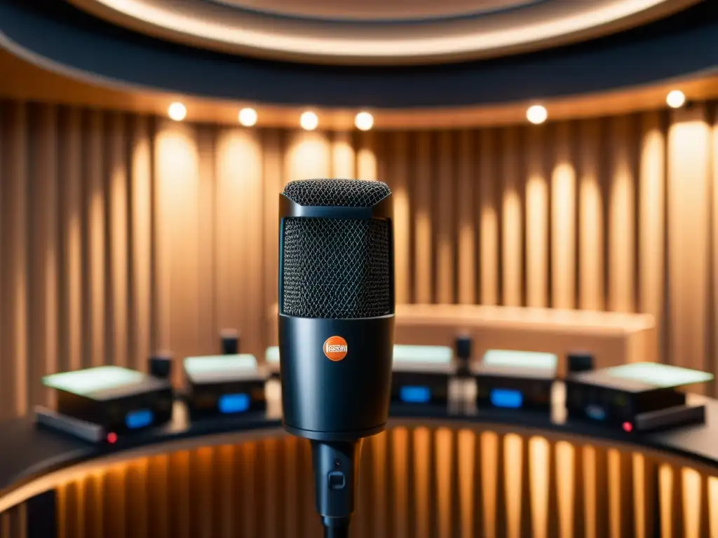 Microfonía binaural en estudio profesional Una detallada configuración de estudio de grabación binaural, con micrófonos en posición de oído y un cálido ambiente de estudio profesional