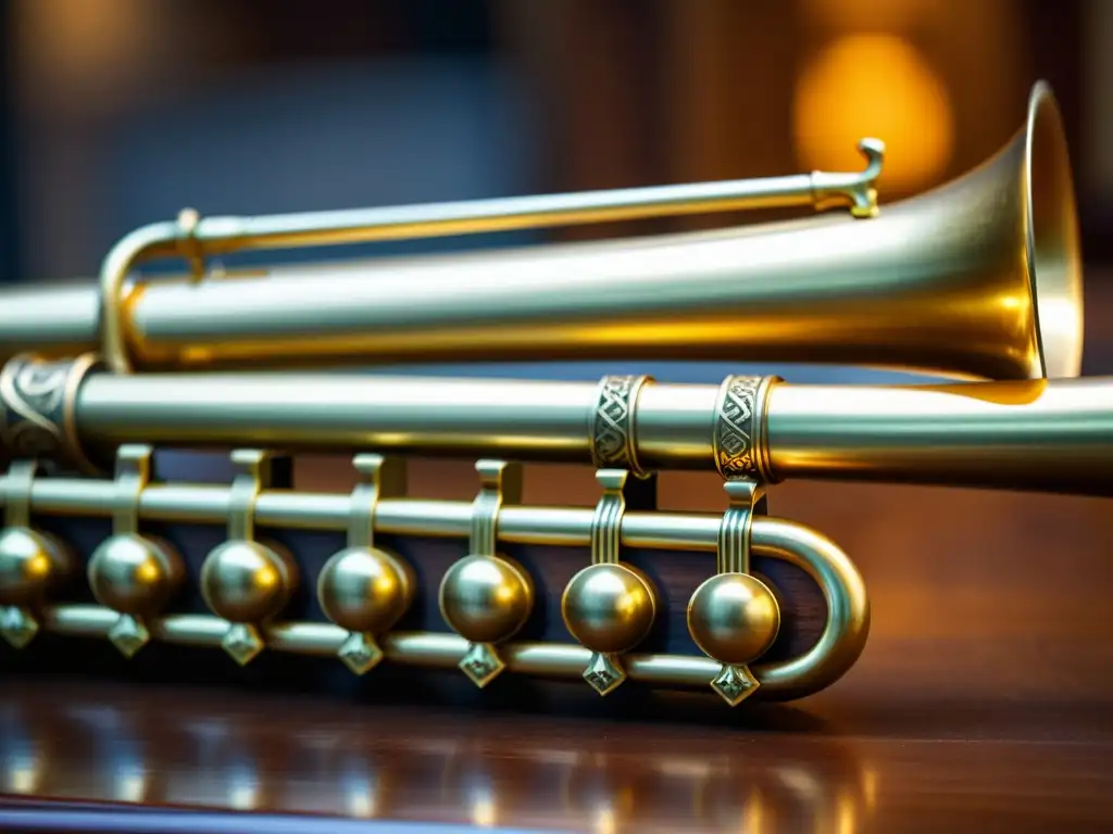 Detallada foto de instrumentos musicales vientos barroco, con intrincado diseño y cálida iluminación en ambiente histórico