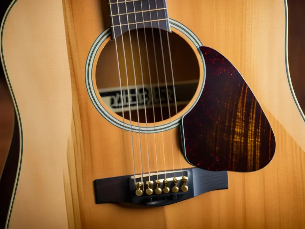 Detallada fotografía de una guitarra acústica vintage, mostrando la alteración esencia acústica de los instrumentos con sus detalles de madera y metal