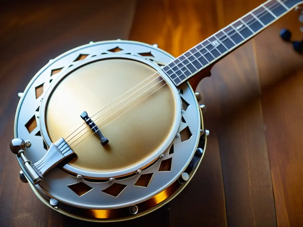 Detallada imagen en alta resolución de un banjo vintage, con hermosos detalles de madera y metal