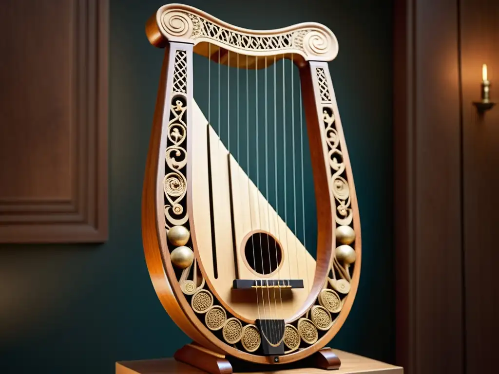 Detallada imagen 8k de un antiguo lyre griego, resaltando su intrincada artesanía y origen histórico en la cultura griega