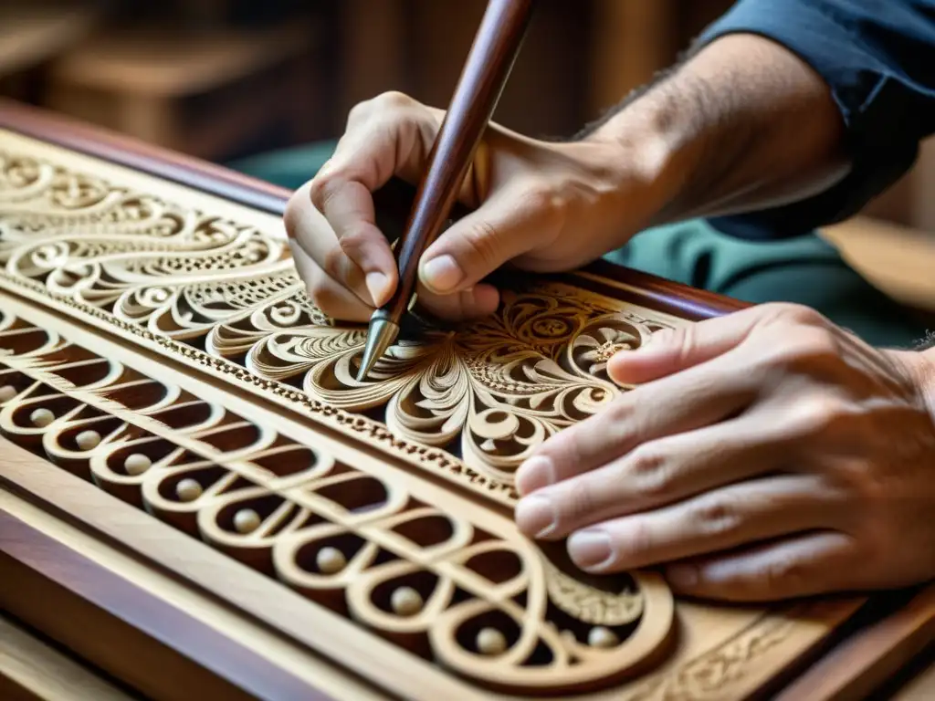 Detallada imagen de un artesano tallando un clavicordio, resaltando la precisión y la artesanía tradicional