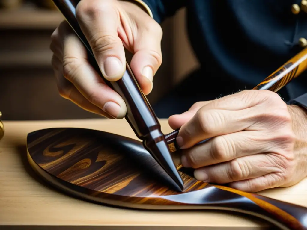 Detallada imagen de un artesano tallando a mano el cuerpo curvo de un Corno Inglés Barroco en madera de granadilla, destacando la historia y construcción tradicional de este instrumento histórico