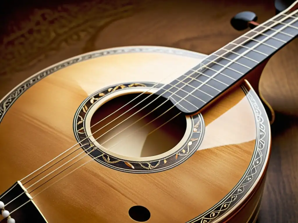 Detallada imagen de un bouzouki griego, resaltando la artesanía intrincada y la rica historia cultural y sonido del instrumento