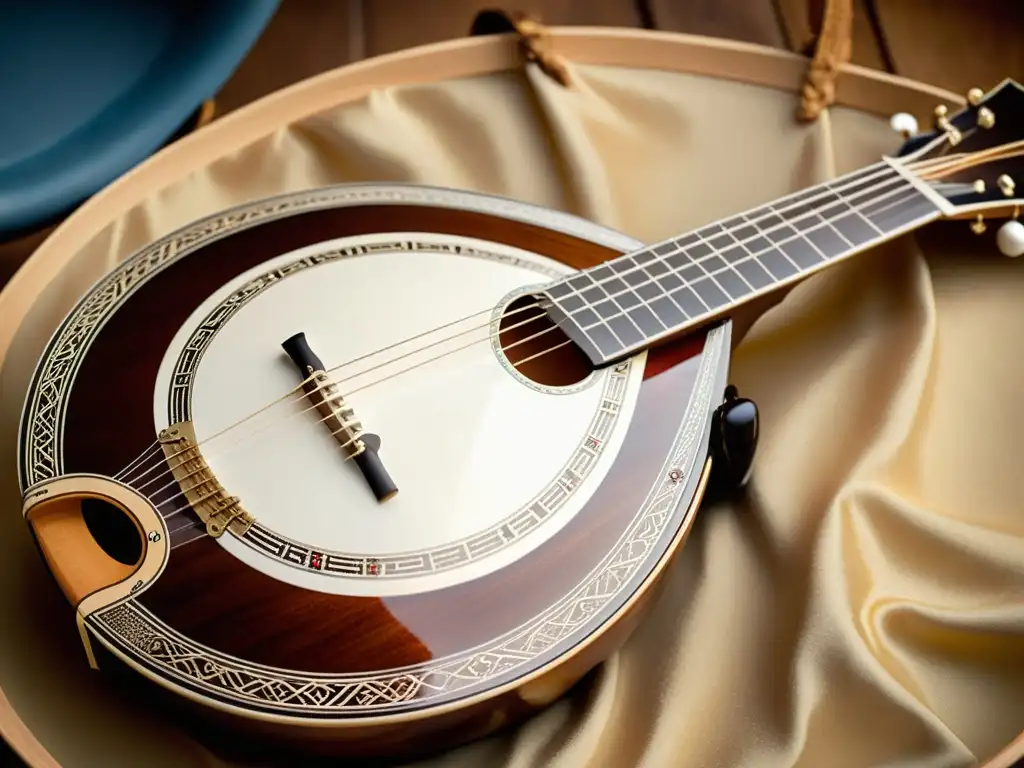 Detallada imagen de un bouzouki griego tradicional, con ricos tonos y detalles de nácar