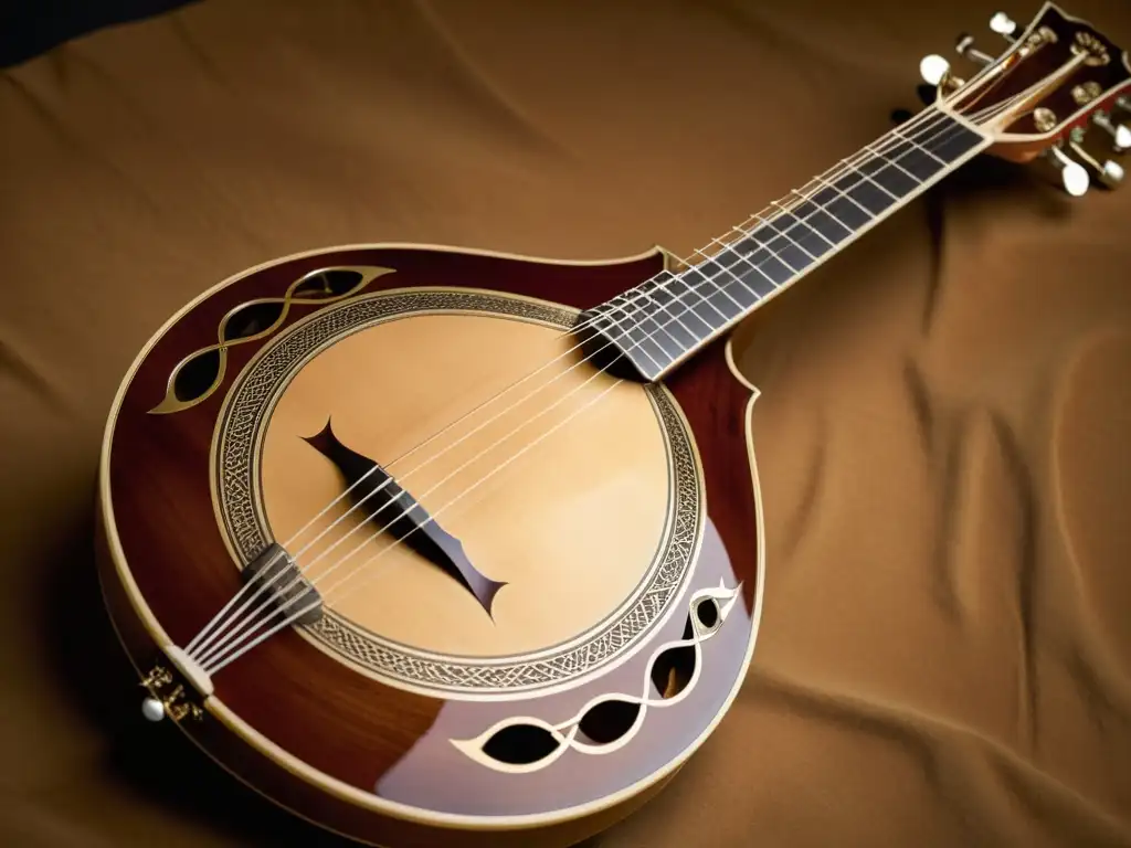 Detallada imagen de un bouzouki griego tradicional, resaltando su artesanía y calidez, evocando su historia y sonido único