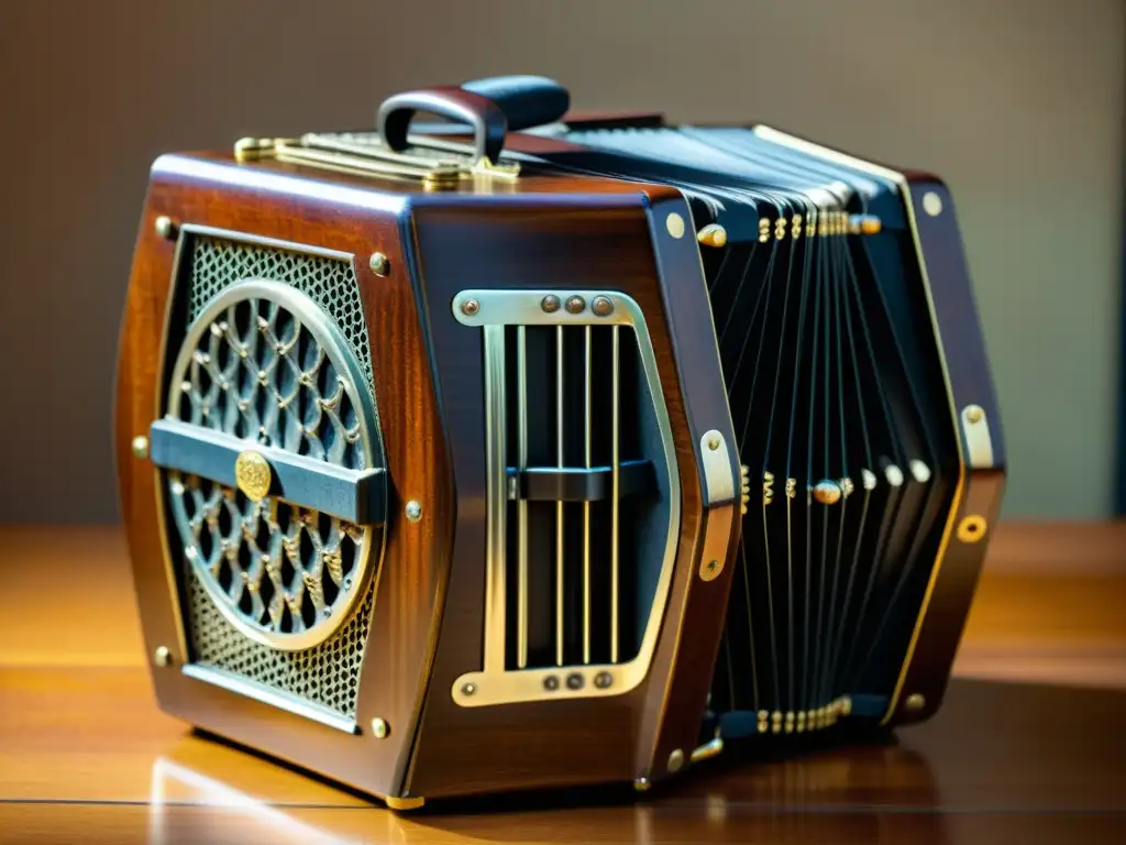 Detallada imagen 8k de una concertina vintage, evocando historia y tradición con sus detalles en madera y metal