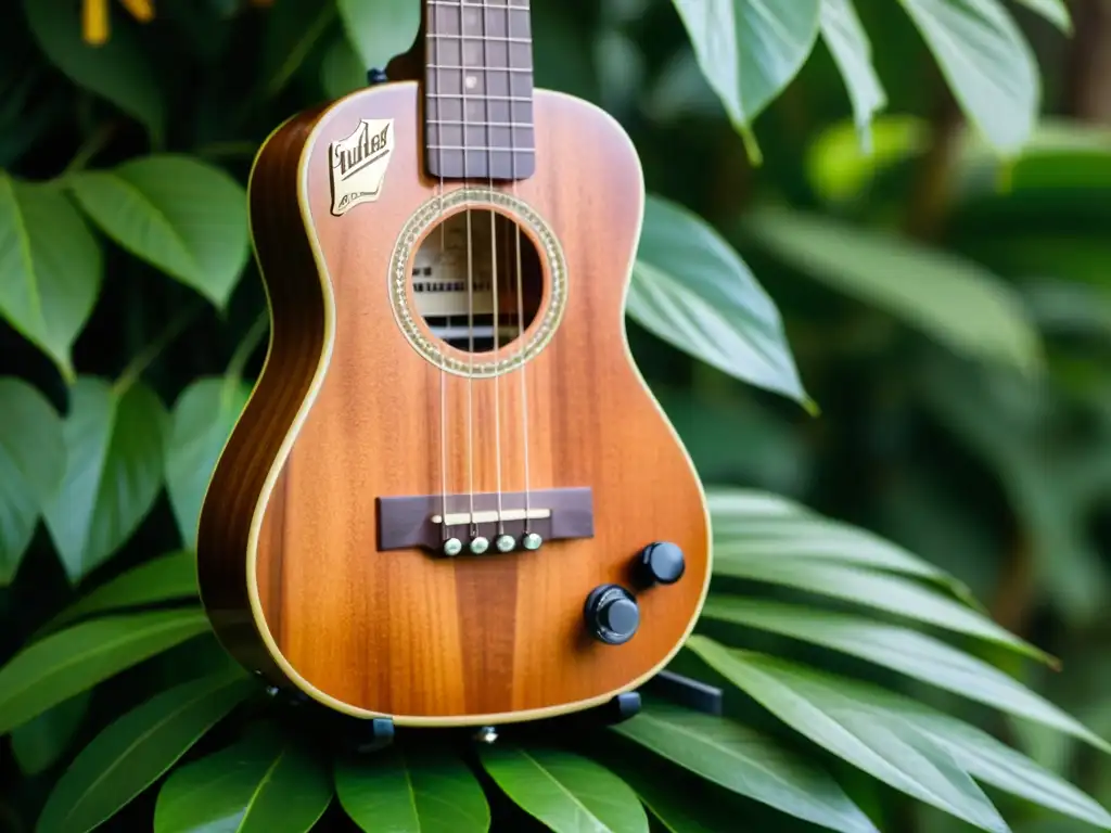 Detallada imagen de un ukelele eléctrico vintage, con cuerdas desgastadas y madera envejecida