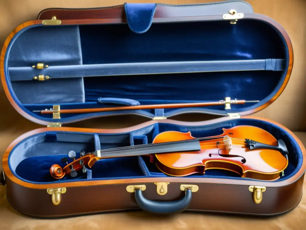 Detallada imagen de un estuche artesanal de violín de madera, resaltando la importancia de soportes y estuches para instrumentos musicales