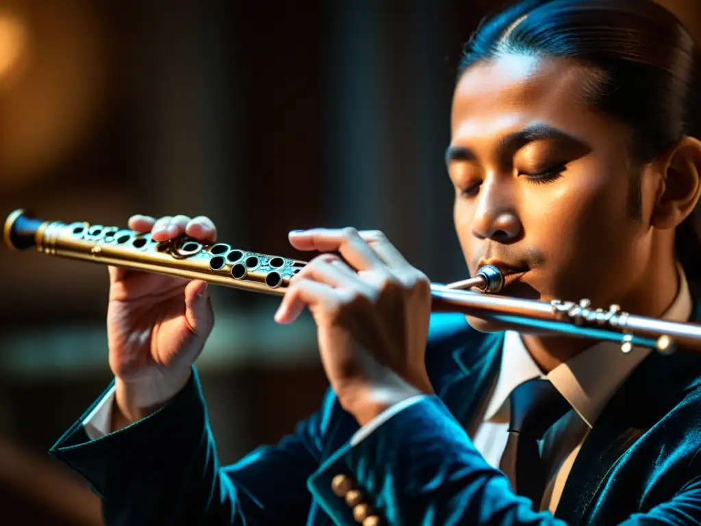 Detallada imagen de un flautista tocando la flauta, resaltando las características sonoras flauta traversa y la artesanía del instrumento