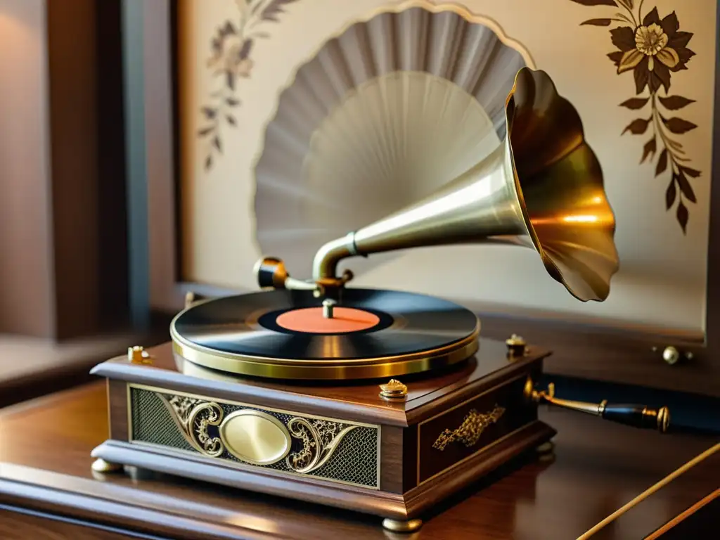 Detallada imagen de un gramófono vintage de los años 1920, evocando la nostalgia y la rica historia de los Instrumentos musicales del siglo XX