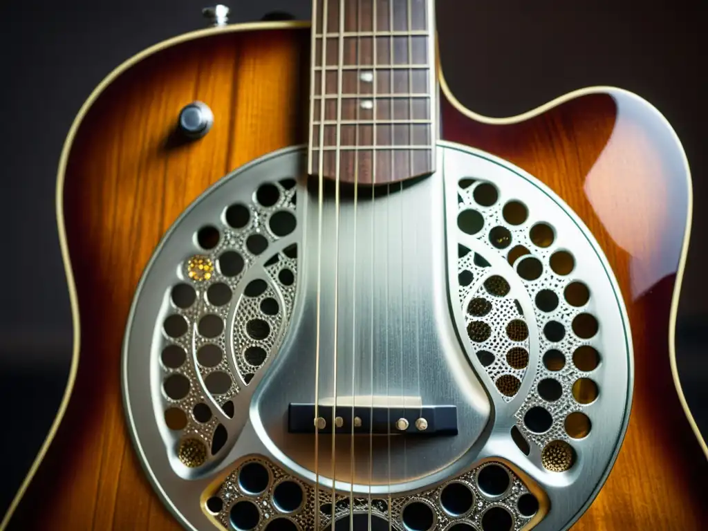 Detallada imagen de una guitarra resonadora vintage, con metal y madera envejecidos, iluminada por luz suave