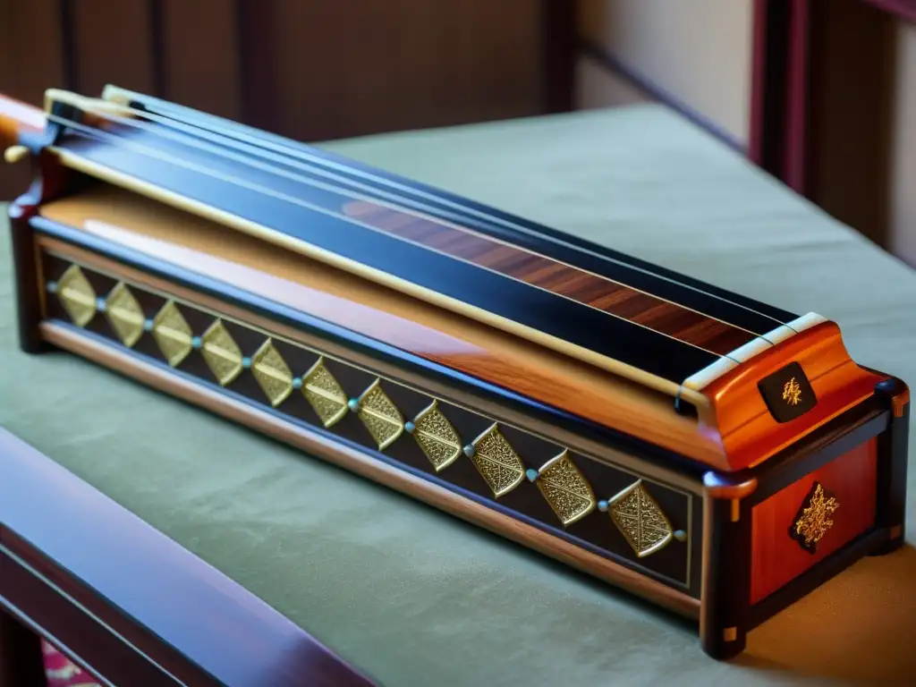 Detallada imagen de un Guqin chino, con tallados intrincados y madera en detalle