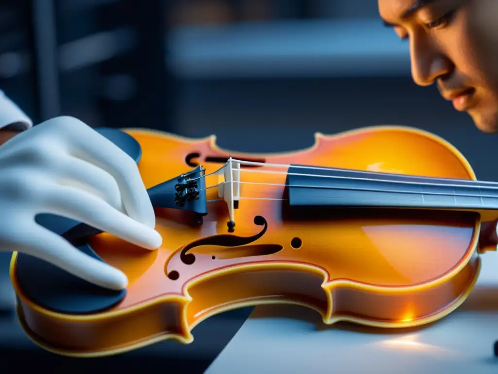 Detallada imagen 8k de la fabricación de instrumentos musicales con impresión 3D, muestra un violín en proceso, resaltando su precisión y texturas