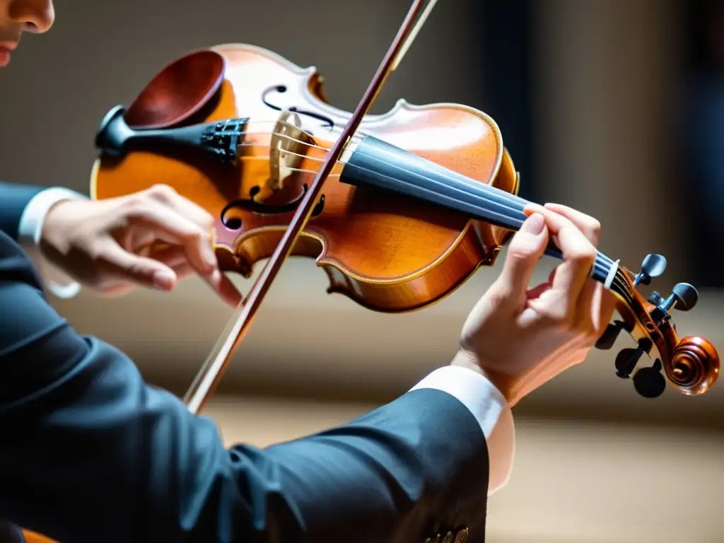 Detallada imagen de mano de violinista ejecutando técnica staccato