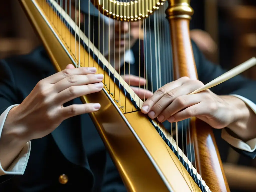 Detallada imagen 8k de manos de arpista tocando un arpa dorada, destacando la técnica del arpa en orquesta y la gracia del músico