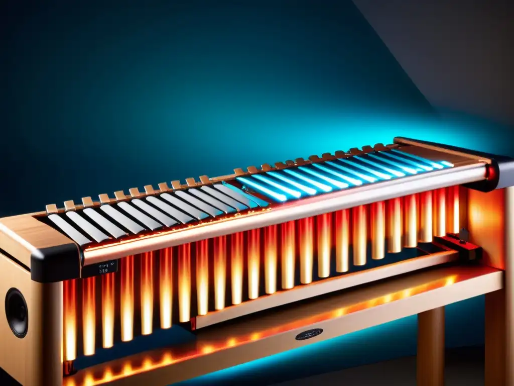 Detallada imagen de una marimba electrónica, fusionando percusión tradicional y moderna, con vibrantes luces LED y barras metálicas elegantes