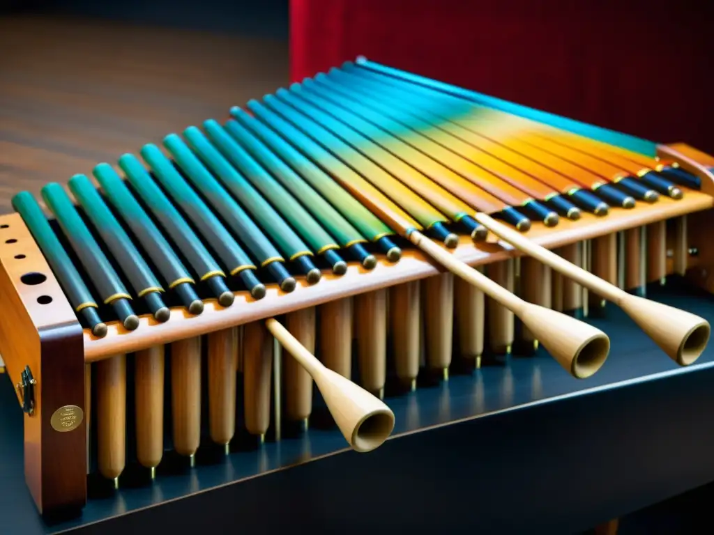 Una detallada imagen de una marimba y xilófono tradicionales, resaltando su artesanía y madera