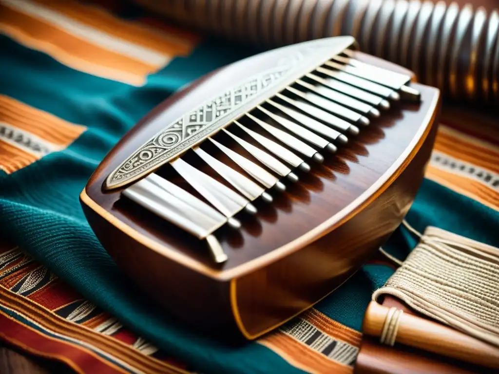 Detallada imagen de un Mbira tradicional africano, resaltando la artesanía de las teclas metálicas y el cuerpo de madera