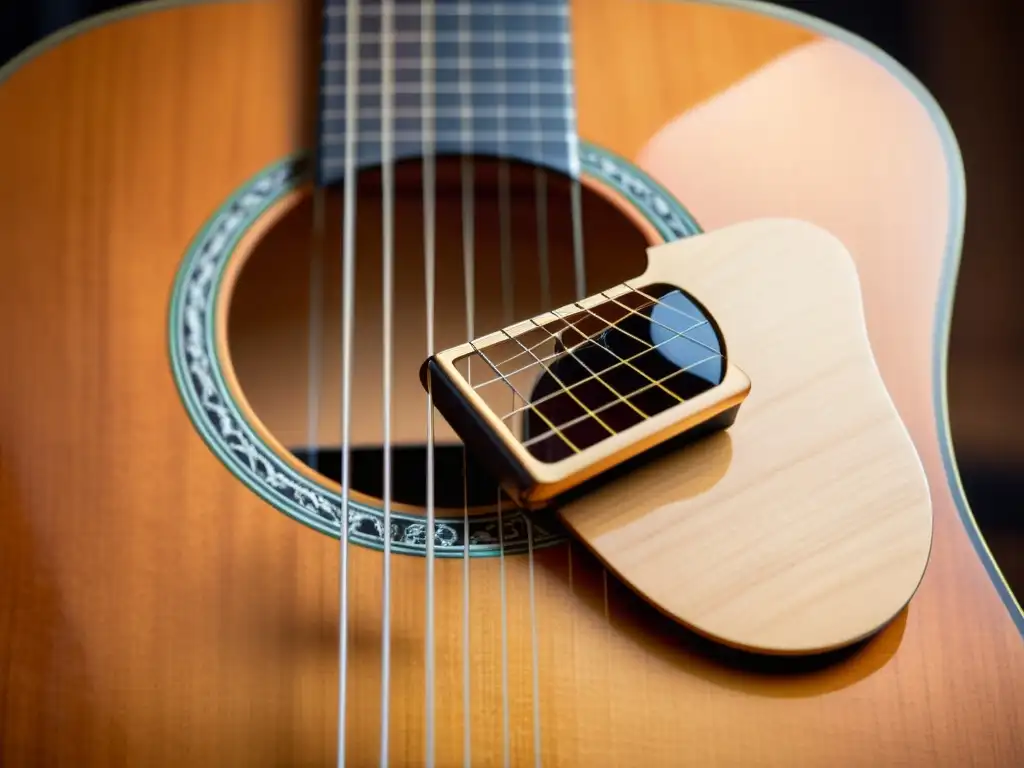 Detallada imagen de un micrófono oculto en una guitarra clásica, fusionando técnicas de grabación discreta con el instrumento musical tradicional